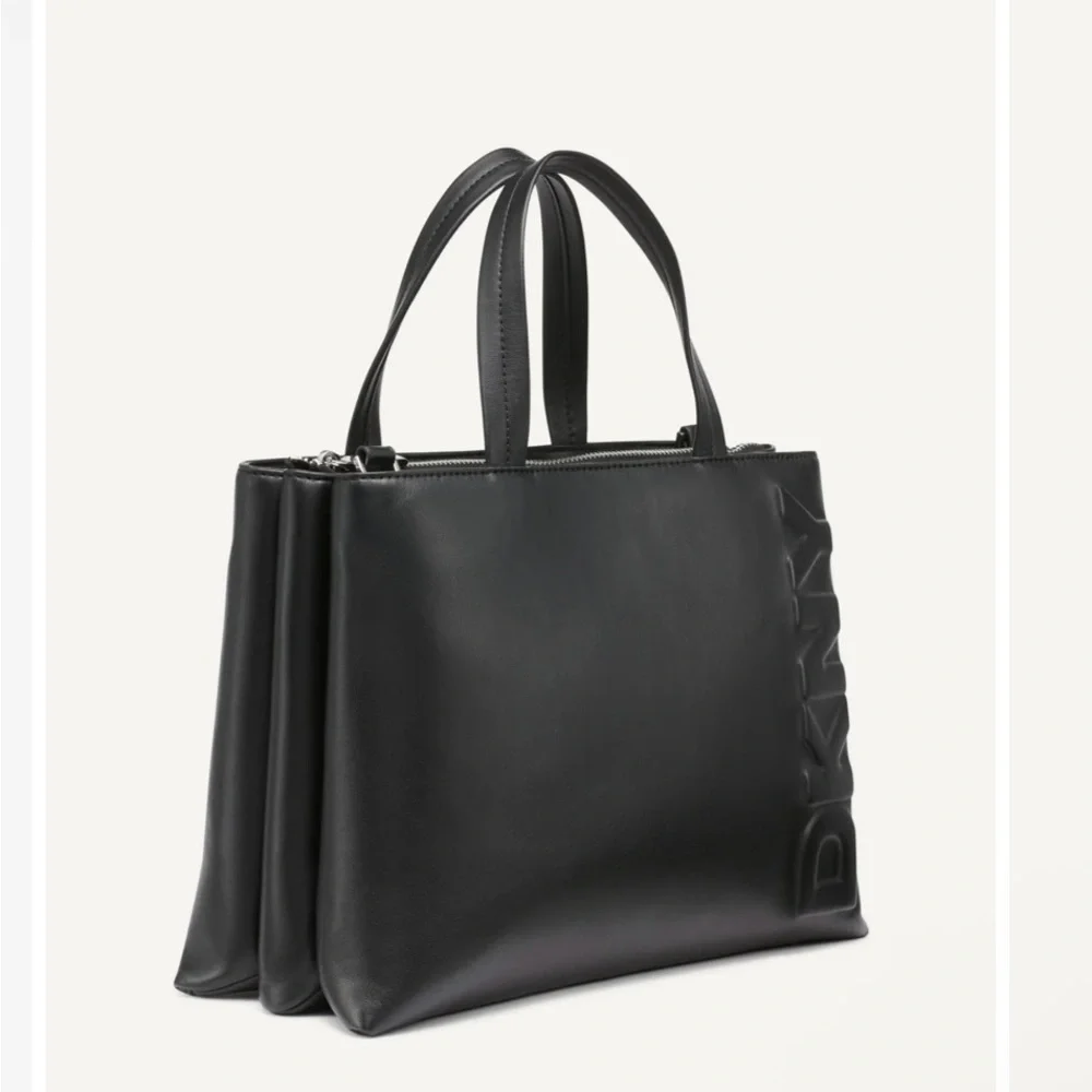 DKNY Tinsley Logo Embossed Medium Black Satchel/Crossbody Bag. NWT